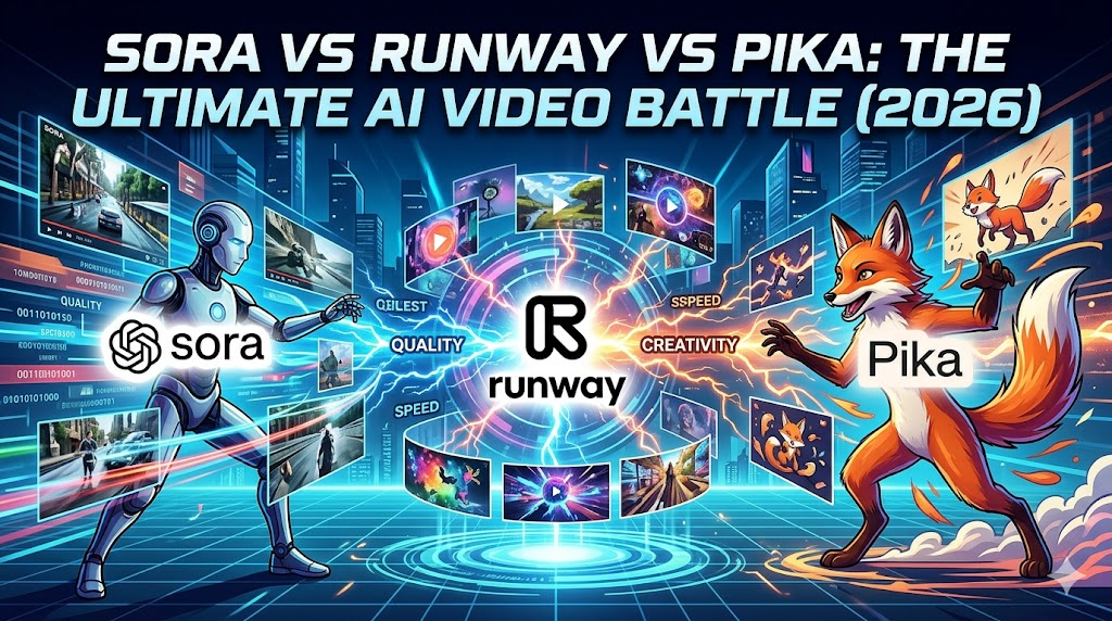 A futuristic digital battleground representing the 2026 AI video competition between Sora, Runway, and Pika, featuring high-tech robot and fox avatars with glowing quality and speed metrics.
