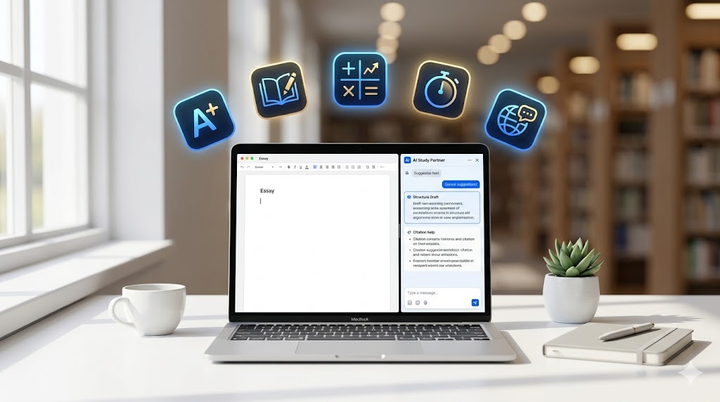 A minimalist, high-angle shot of a clean white desk in a blurred university library. A MacBook displays a split-screen with a blank essay on the left and a blue AI assistant interface on the right. Five glowing, stylized app icons—representing grades, writing, math, time management, and global communication—float in a semicircle above the laptop. The scene is lit with soft morning light, featuring a white coffee cup, a small succulent, and a notebook
