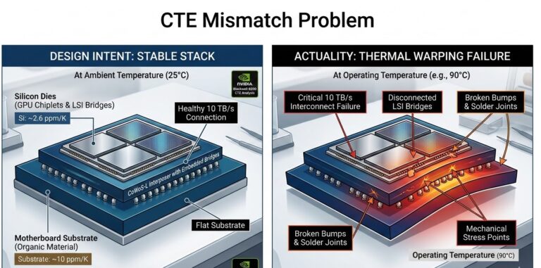 A technical comparison diagram showing the NVIDIA Blackwell CTE mismatch problem. The left side shows a stable chip stack at 25°C with aligned silicon dies and LSI bridges. The right side illustrates thermal warping failure at 90°C, showing mechanical stress, disconnected bridges, and broken solder joints due to expansion rate differences between silicon and organic substrates.