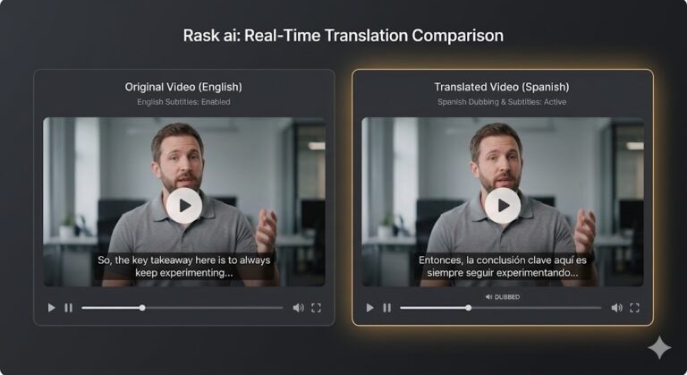 A side-by-side comparison of a video player interface. The left frame shows the original video in English with English subtitles. The right frame shows the same video dubbed in Spanish by Rask ai, featuring Spanish subtitles and a gold glow effect to highlight the AI translation process in a dark mode UI mockup.