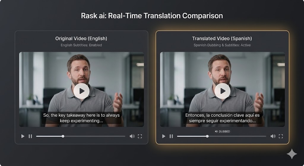 A side-by-side comparison of a video player interface. The left frame shows the original video in English with English subtitles. The right frame shows the same video dubbed in Spanish by Rask ai, featuring Spanish subtitles and a gold glow effect to highlight the AI translation process in a dark mode UI mockup.