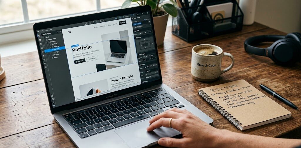 A hyper-realistic, close-up photograph of a sleek, modern laptop open on a wooden desk. On the screen, the detailed Webflow Designer interface is visible with complex CSS properties and layers.