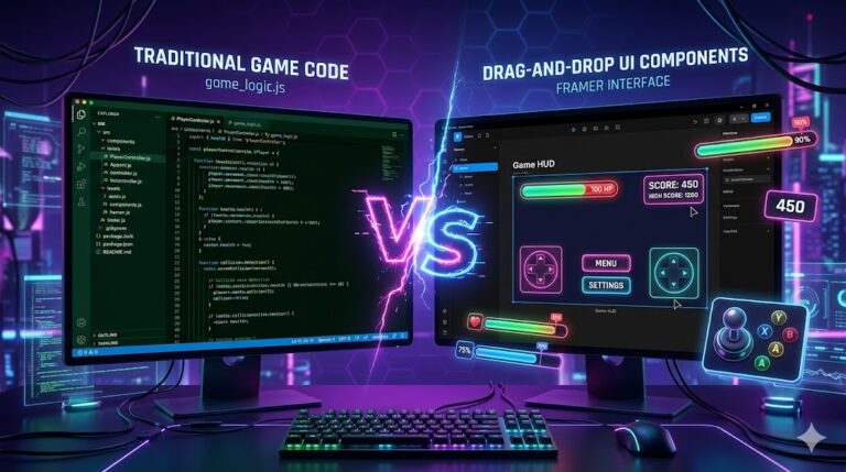 A futuristic, cyberpunk-style digital workspace showing a split-screen comparison. Left side: traditional game code on a dark IDE screen with green text