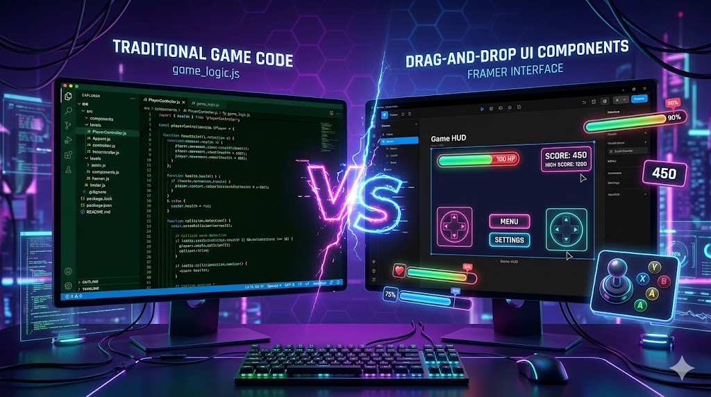 A futuristic, cyberpunk-style digital workspace showing a split-screen comparison. Left side: traditional game code on a dark IDE screen with green text