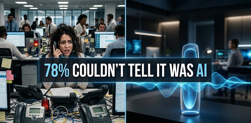 A split-screen image comparing a chaotic call center on the left with a modern, calm AI interface on the right. On the left, a stressed woman with disheveled hair sits amidst a cluttered desk with multiple phones and cables, visibly struggling to manage calls. On the right, a sleek, glowing cylindrical device is centered on a dark desk, emitting serene blue light and undulating waveform patterns, suggesting a futuristic AI voice system. Across the center of the image, a text overlay in bold, modern typography reads, '78% COULDN'T TELL IT WAS AI'. The overall style is that of a professional business photograph with dramatic lighting and a cinematic composition.