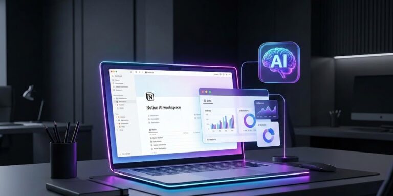 Notion AI Workspace' with data visualizations on the screen and floating next to it, along with a prominent 3D brain icon labeled 'AI'.
