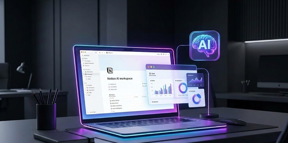 Notion AI Workspace' with data visualizations on the screen and floating next to it, along with a prominent 3D brain icon labeled 'AI'.