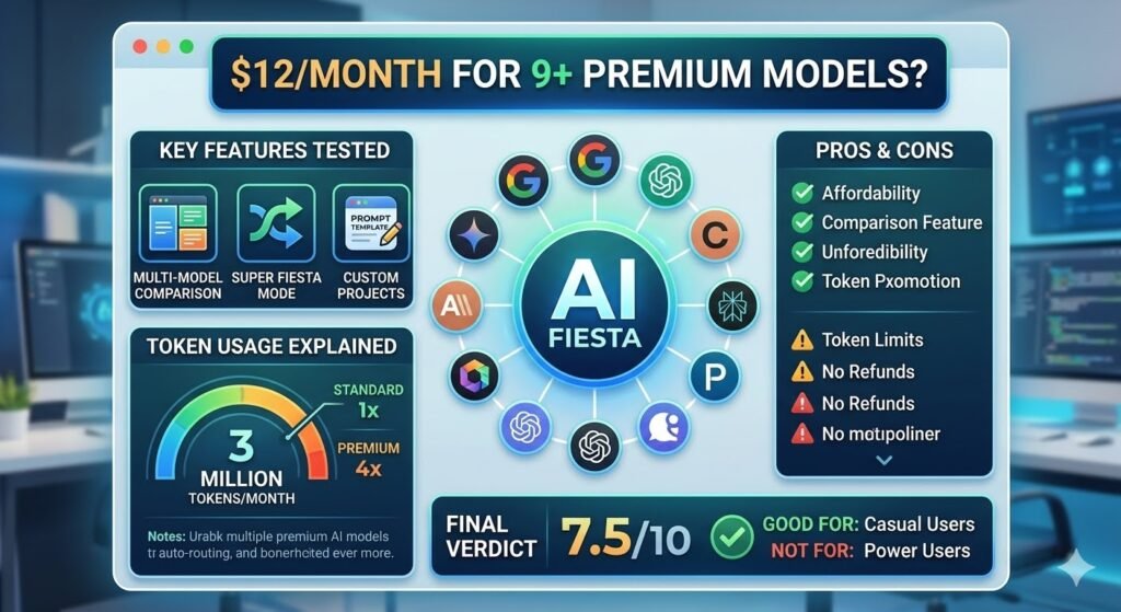A review dashboard of the AI Fiesta platform, set against a blurred background of a modern workspace with multiple glowing screens displaying code. The dashboard is divided into several clear sections. At the top, a title bar reads, '$12/MONTH FOR 9+ PREMIUM MODELS?' Below this, the sections detail the findings of the 30-day test.
