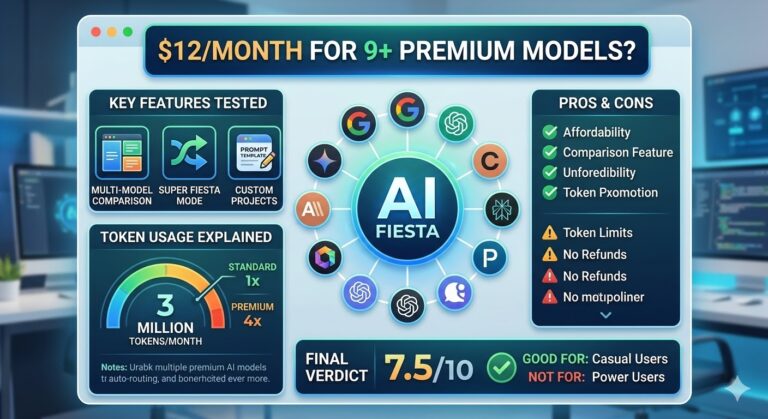 A review dashboard of the AI Fiesta platform, set against a blurred background of a modern workspace with multiple glowing screens displaying code. The dashboard is divided into several clear sections. At the top, a title bar reads, '$12/MONTH FOR 9+ PREMIUM MODELS?' Below this, the sections detail the findings of the 30-day test.