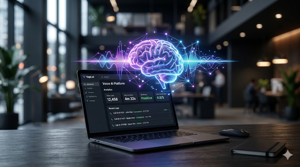 Professional 3D illustration of Vapi.ai dashboard on a laptop with a glowing neural brain icon representing Voice AI automation in a modern office.