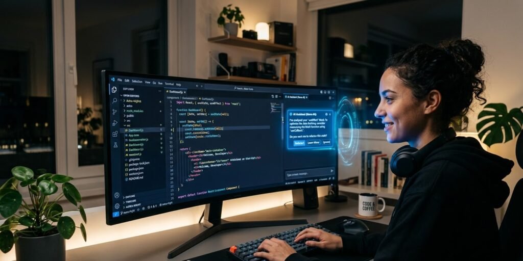 A modern, cinematic developer workspace at night. A woman sits at a desk with a large, ultra-wide curved monitor displaying a dark-themed code editor with React and JavaScript syntax. A glowing blue, holographic AI interface is overlaid on the screen, appearing to assist with the code.