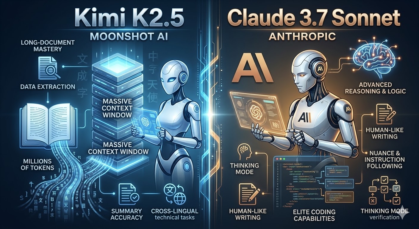 A technical comparison infographic showing Kimi K2.5 vs Claude 3.7 Sonnet, featuring futuristic AI robots and data visualizations