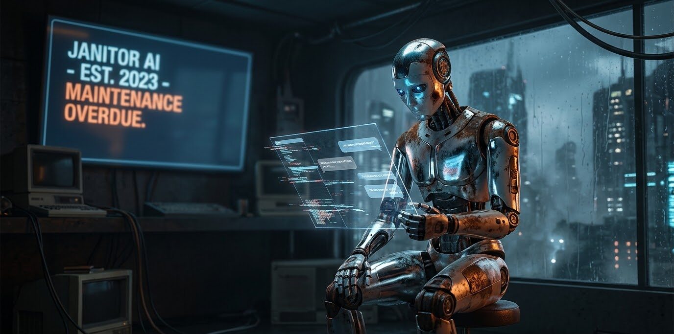 Janitor AI Review 2026: A rusty futuristic robot sitting in a dark server room with glitchy holographic screens, representing platform decline