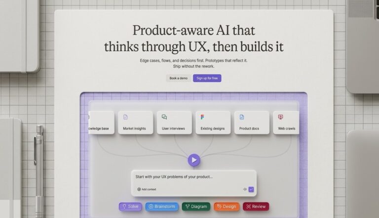 A minimalist, top-down photograph of a physical workspace featuring white, modular notebooks, pens, and a laptop on a white, grid-textured mat. The mat has an inlaid, frosted purple section containing various physical cards. The top of the scene features centered text on white paper that says: 'Product-aware AI that thinks through UX, then builds it.' Below it is smaller text: 'Edge cases, flows, and decisions first. Prototypes that reflect it. Ship without the rework.' Further below, two purple buttons read: 'Book a demo' and 'Sign up for free.