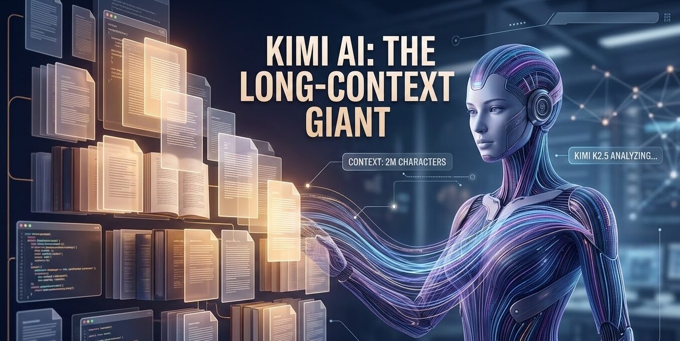 A futuristic AI assistant interface titled 'KIMI AI: THE LONG-CONTEXT GIANT' showing a digital humanoid analyzing a massive stream of documents and code files, representing 2 million characters of context