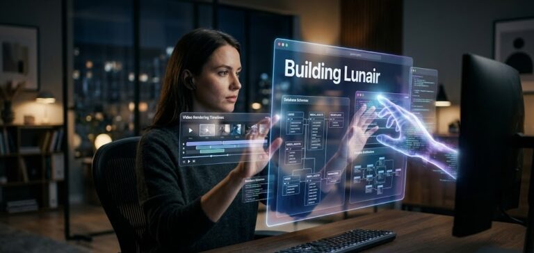 A professional developer sitting in a minimalist workspace. In front of him, a holographic UI is being built by a ghostly AI hand. You can see video rendering timelines and database schemas floating in the air.