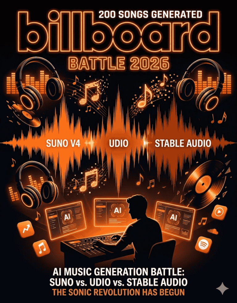 A vibrant, high-energy editorial illustration depicting AI music generation battle 2026. Central composition: three distinct audio waveforms clashing - Suno v4 in warm orange (#F97316), Udio in deep amber