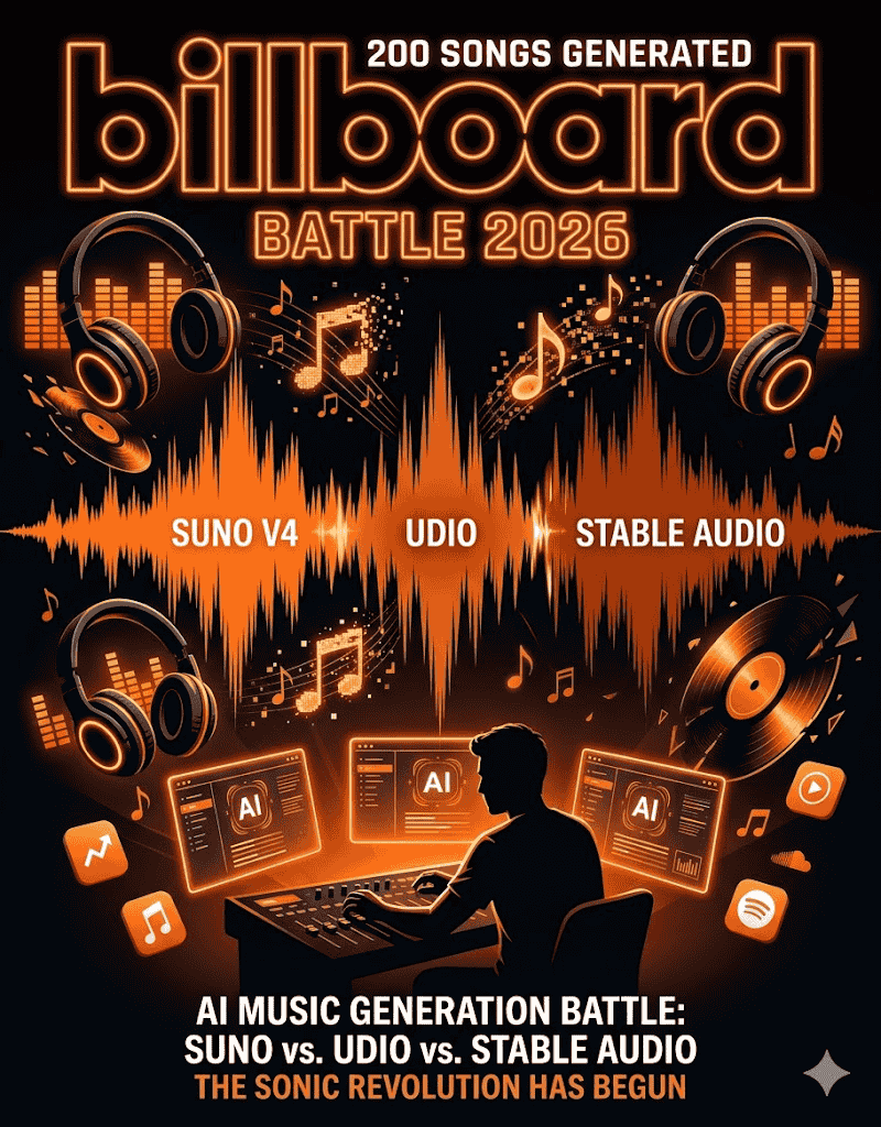 A vibrant, high-energy editorial illustration depicting AI music generation battle 2026. Central composition: three distinct audio waveforms clashing - Suno v4 in warm orange (#F97316), Udio in deep amber