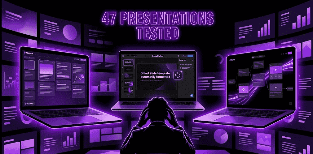 A dramatic, editorial-style digital artwork comparing AI presentation tools Gamma, Beautiful.ai, and Tome. Split-screen composition: left side shows Gamma's card-based interface in deep purple