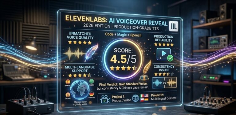 Here is the descriptive alt text for your ElevenLabs review image, optimized for SEO and accessibility: Alt Text: A premium 3D infographic for an ElevenLabs AI Voiceover review (2026 Edition) displayed on a floating glass tablet in a high-end recording studio. The graphic shows a "4.5/5" score and highlights key pros like "Unmatched Voice Quality" and "Production Reliability" with 5-star ratings. It also visualizes "Consistency Issues" using contrasting soundwaves and notes "Chinese language gaps" on a glowing digital globe. The background features cinematic studio equipment, glowing particles, and flowing digital soundwaves in blue and gold.