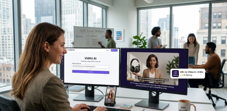 A comprehensive photograph of a woman working at a dual-monitor computer desk in a contemporary, sunlit high-rise office. On the left screen, the "VidAU AI" website interface is open, displaying the text, "Transform Video Ad into a video ad," a field with a hypothetical Shopify product URL, and a "Transform" button. On the right screen, a generated video ad for "High-end wireless headphones" with an AI avatar and auto-generated captions is playing. A smaller overlay box on the right monitor contains the text, "URL-to-Video in