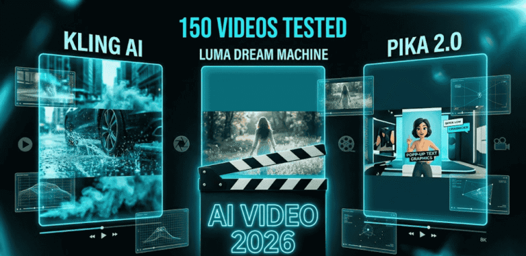 A cinematic, editorial-style digital artwork depicting AI video generation showdown 2026. Triptych composition showing three video frames: Kling AI with hyper-realistic physics simulation in electric cyan